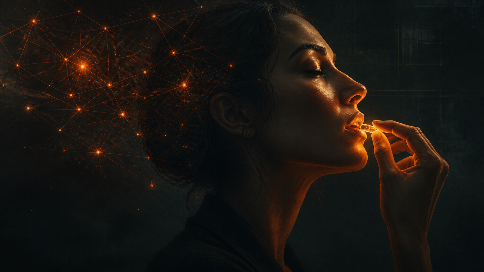 A person taking a fictional glowing orange capsule, symbolizing a new perspective on Bitcoin and money
